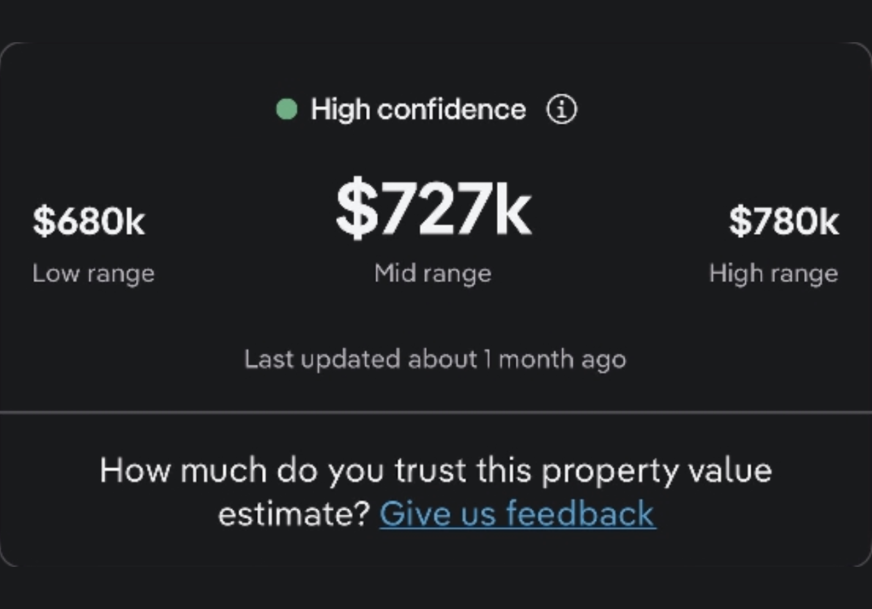 realEstimate valuation screenshot showing $727k mid range with high confidence