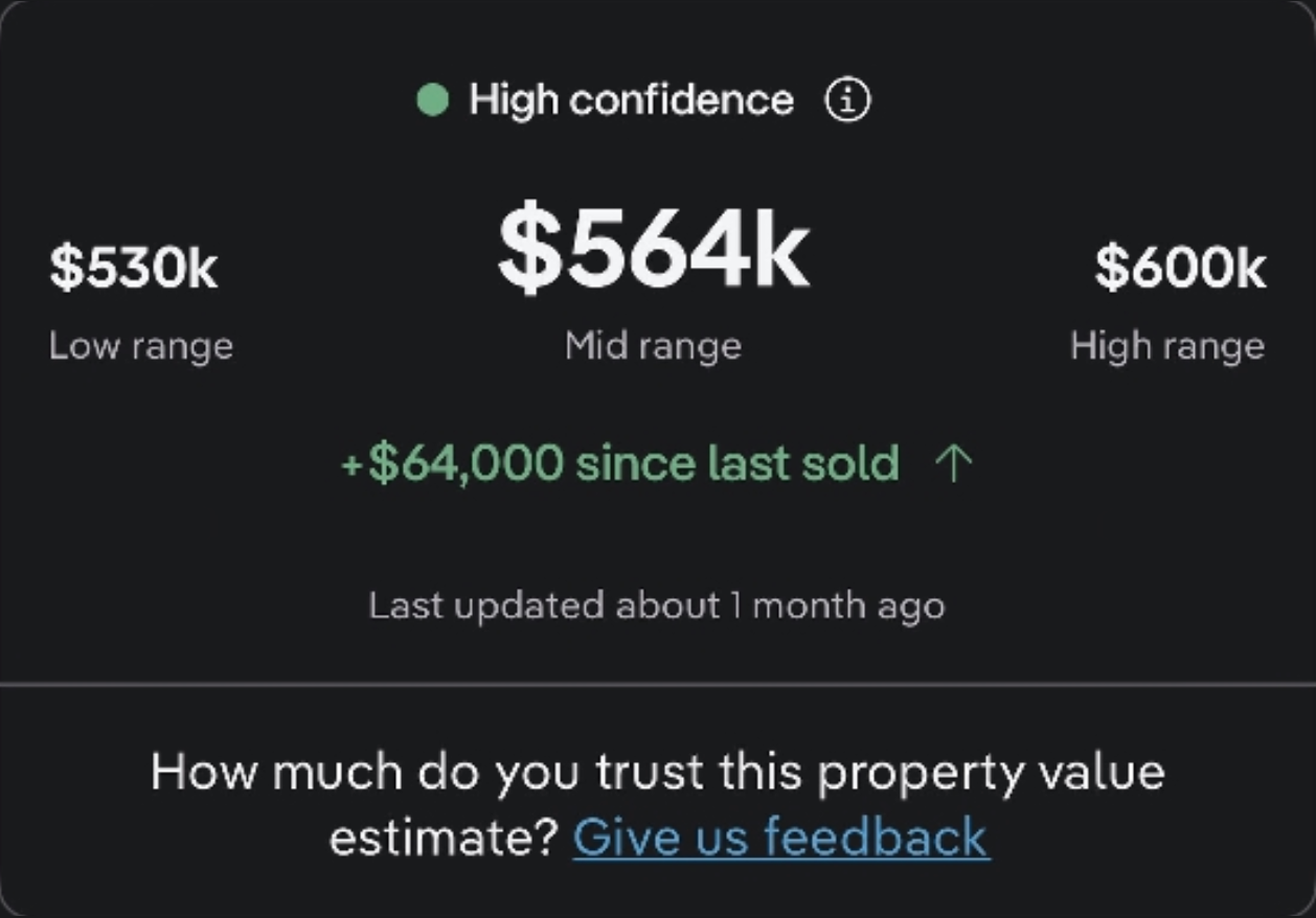 realEstimate valuation screenshot showing $564k mid range, +$64,000 since last sold